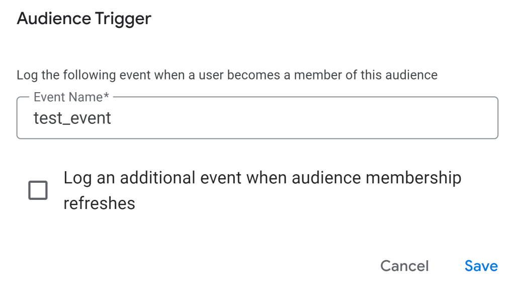 Google Analytics 4 audience event trigger screen